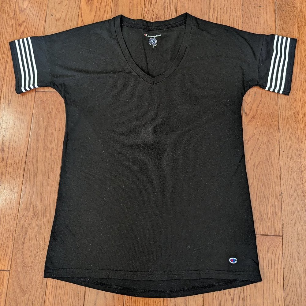 Women's Champion Black Vneck Striped Sleeves T-Shirt Shirt Top